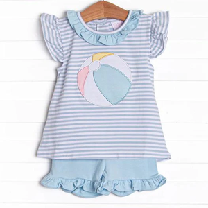 Customization Western Baby Girl abiti estivi <span class=keywords><strong>blu</strong></span> Beach Ball righe con volant Shorts set abbigliamento Boutique per bambine - Product Image 1