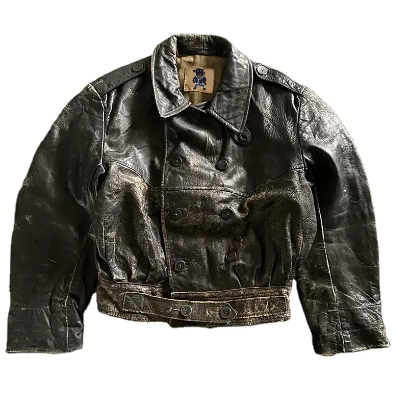 DIZNEW Leather jacket custom embossed brown vintage make old cowhide jacket for men fashion