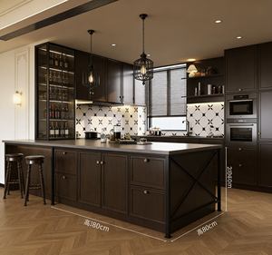 Ensemble d'armoires de cuisine éclectiques brun chocolat - Accents en laiton et îlot de bar, hub multi-zones chic pour les maisons de designers modernes - Product Image 2