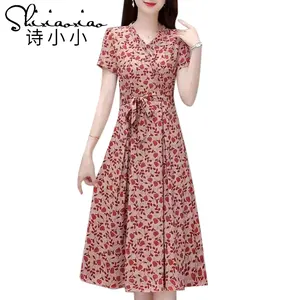 2022 2024 Summer Bright Style Temperament Floral Waist Drawstring Slim Dress Female Summer Puff Sleeve Midi Skirt TA8595055