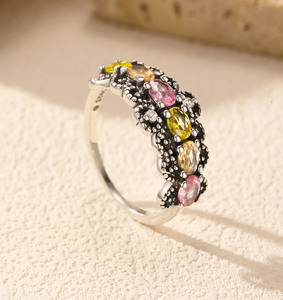 S925 Silver Vintage Cluster <b>Ring</b> With Pink Yellow <b>Crystal</b> Rhinestones Pave Setting Women's Everyday Wear - Product Image 4