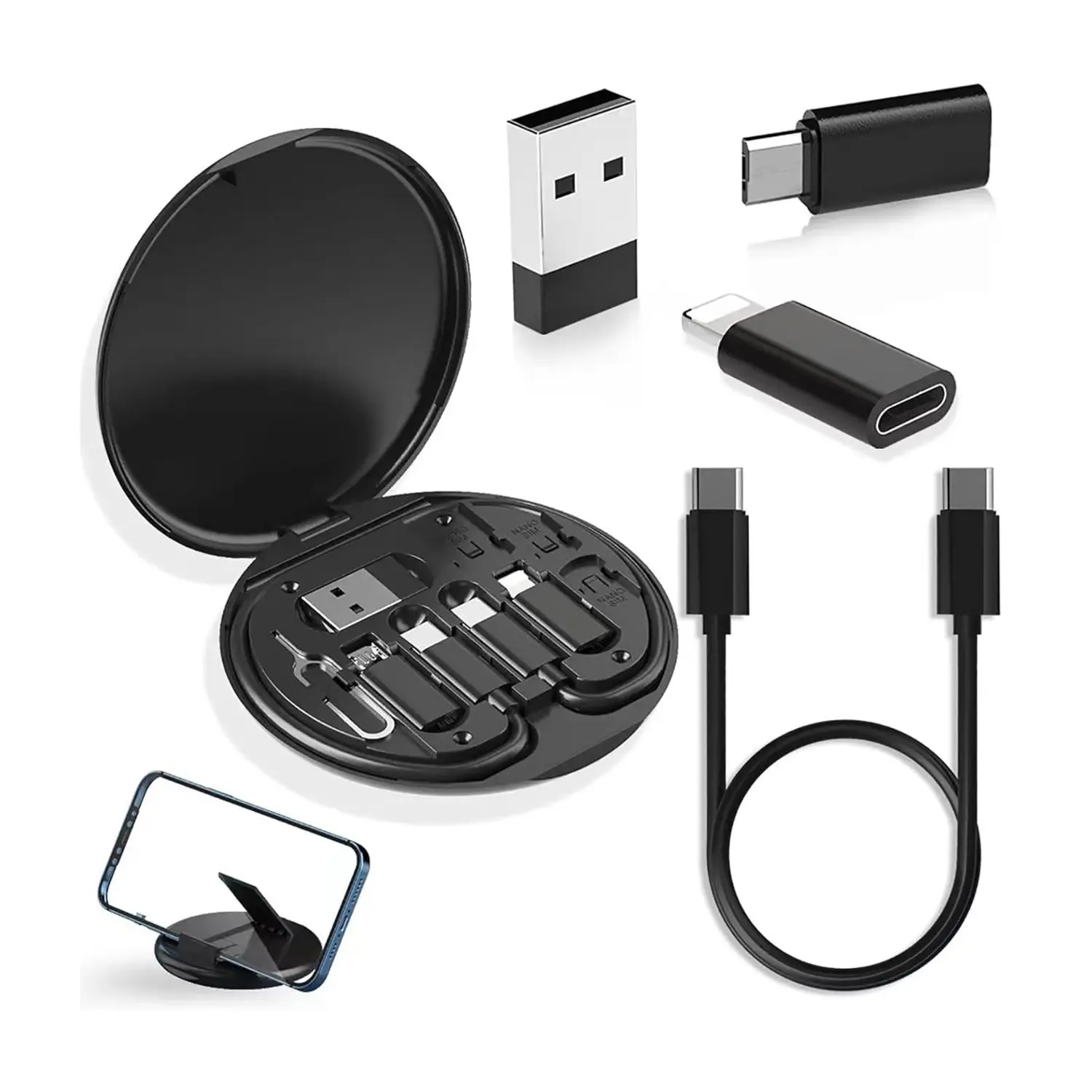 Caixa de armazenamento de cabos de carregamento multi inclui suporte de cartão SIM adaptador USB cabo de carregamento micro USB com USB C iOS