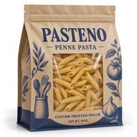 Sacs d'emballage personnalisés pour pâtes avec fenêtre transparente et fermeture éclair, pochettes plates en kraft pour 500g de pâtes penne et produits alimentaires secs