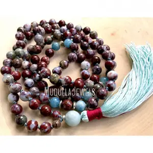 MN18217 Natural Gemstone Aquamarine Root Charkra 108 Mala Prayer Beads Hand Knotted Handmade Tassel Yoga Necklace