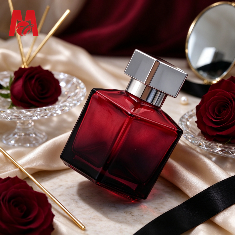 Custom 50ml Square Glass Perfume Bottle with Silver Cap Red Beveled ...