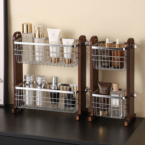 Stainless Steel <b>Desktop</b> Cosmetic <b>Shelf</b> With Wooden Frame For Bathroom Makeup Storage Basket Perfume Holder - Product Image 1