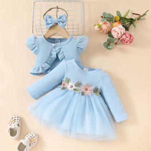 2024 automne enfant en bas âge tenues en gros sans manches Peplum manteau court + manches longues maille appliques robe bébé fille vêtements - Product Image 3