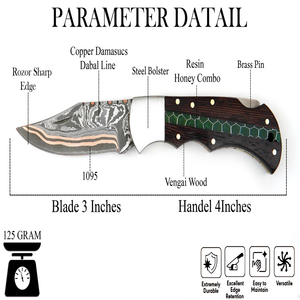 Cuchillo de Bolsillo de Acero al Carbono Forjado a Mano con Mango de Madera Vengi con Incrustaciones Verdes, Funda de Cuero, Acabado Pulido, Estilo Tradicional - Product Image 5