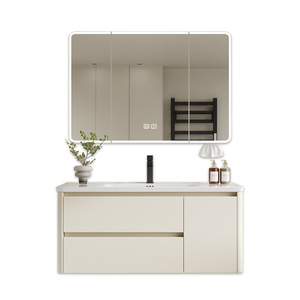 Meuble-lavabo de salle de bain moderne et minimaliste blanc crème avec armoire miroir LED intelligente et grand espace de rangement - Product Image 6