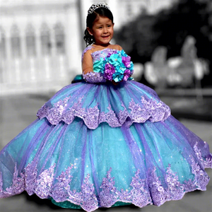 薰衣草贴花女孩优雅连衣裙蝴蝶结蓬松薄纱舞会生日庆典婚礼定制场合婴儿礼服 - Product Image 1