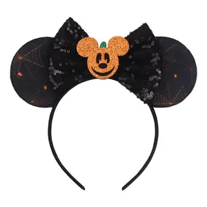Bando Rambut Telinga Mickey Bayi Perempuan, Aksesori Rambut Pesta Pita Organik Halloween, Ikat Kepala Bayi Telinga Mickey