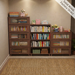Bibliothèque moderne en bois avec portes vitrées et étagères ouvertes pour le bureau à domicile et le salon - Product Image 1