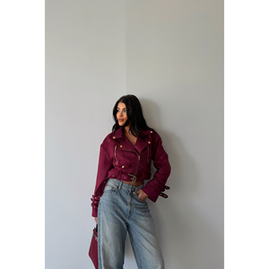 Veste courte en daim bordeaux à 3 manches avec ceinture, en peau de mouton satinée, pour l'hiver et le printemps, taille XL, rembourrage en polyester et coton - Product Image 4