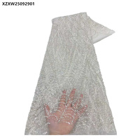 Tissu en dentelle africaine de luxe en tulle brodé de fleurs, de sequins, de perles et de perles de culture pour mariée
