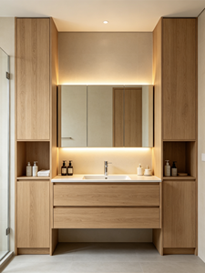 Mueble de Baño Minimalista de Cerámica con Acabado Madera, Prefabricado, Montado en la Pared, con Espejo y Almacenamiento, para Uso Residencial y Hotelero - Product Image 2