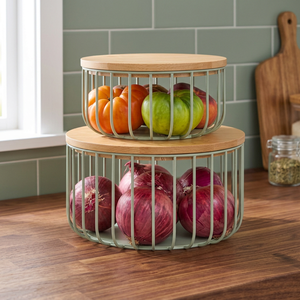 Paniers de rangement en métal à double niveau avec couvercles, récipients alimentaires ronds en acier inoxydable, organisateur de cuisine au design minimaliste - Product Image 5