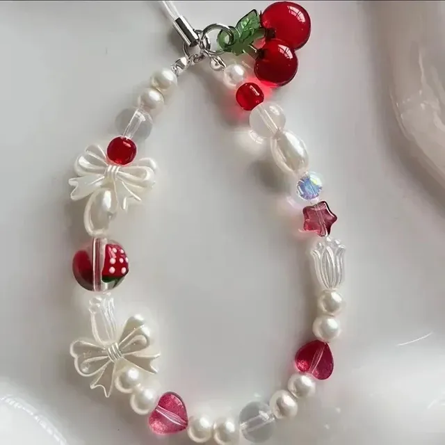 Korean Cute Red Cherry Bow Pearl Phone Chain Lanyard Charm Strap Wrist Bead Hanging Cord Bracelet Keychain for iPhone Girl Rope