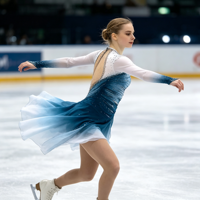 Robe de patinage artistique à manches longues dégradé bleu et blanc, ornée de strass et de mailles, pour compétition et spectacle (adultes et enfants)