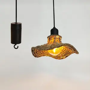 Outdoor AA battery waterproof rattan woven hanging light courtyard garden camping pendant light for outside