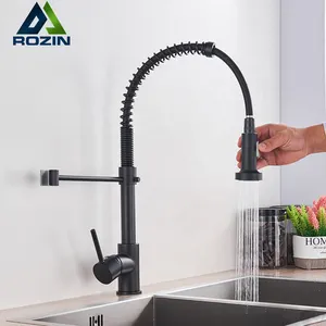 Komersial Matte Hitam Kuningan Dapur Kran dengan Pull Down Sprayer Single Lever Deck Mounted Dapur Mixer Keran untuk Mencuci Wastafel