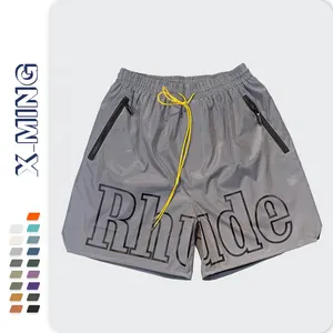 Summer Street Letter Print Men Shorts Custom Logo Drawcord Grey 3M Full Reflect Pill Zip Five-Point Short Pull Rope Sport Shorts