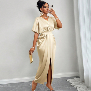 Wholesale Elegant <strong>Dress</strong> for <strong>Women</strong> Asymmetrical V-neck <strong>Dress</strong> Short-sleeve High-waisted One-step Slit <strong>Dress</strong> Long Skirt - Product Image 2