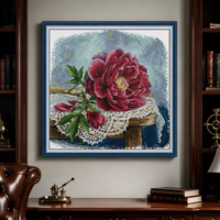 Kit de broderie au point de croix pré-imprimé DIY, motif pivoine rouge faite à la main, sur toile, pour décoration murale