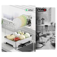 WIREKING rak pengering piring dapur rumah tangga, rak barang dapur 2 tingkat, Rak pengering piring baja tahan karat tahan debu wastafel piring Hotel