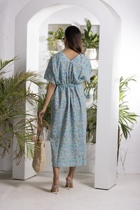 Purple And Green Printed Kaftan <b>Dress</b> For Women With Box Pleat Design <b>String</b> Detail Border And Tassels For Ethnic Fashion - Product Image 2