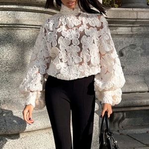 Camiseta blanca holgada con bordado hueco para mujer, de manga larga, con cuello alto, estilo pullover, a la moda. - Product Image 4