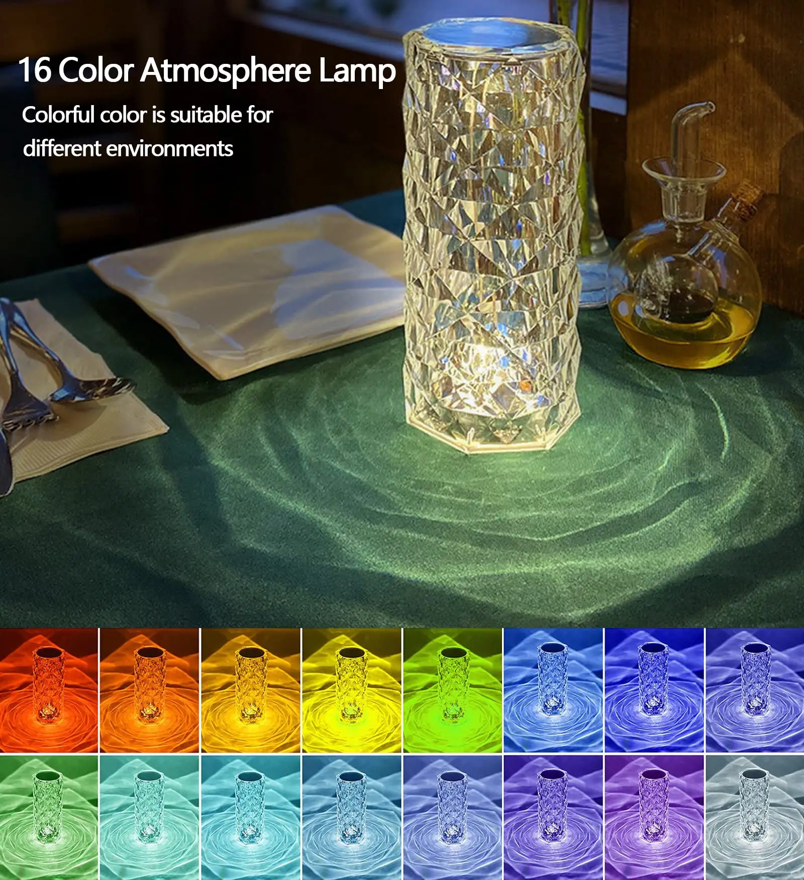 16 Colors Rose Led Crystal Table Lamp Touch-control Dimmable Atmosphere Night Light For Home Bedside Bar Decoration