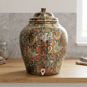 Distributeur d'eau décoratif en cuivre avec robinet, motif Paisley orange - Product Image 1