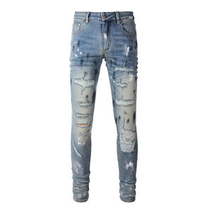 <span class=keywords><strong>Jeans</strong></span> Denim Vintage Amiriy da <span class=keywords><strong>Uomo</strong></span> a Vita Media, Vestibilità Dritta, Strappati, Effetto Consumato, Lavati, con Ricami, per Estate Autunno Inverno - Product Image 5