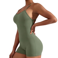 Combinaison de sport pour femme, dos nu, à fines bretelles, imprimée, infroissable, en Spandex/Nylon, couleur unie, avec short taille haute, vert olive