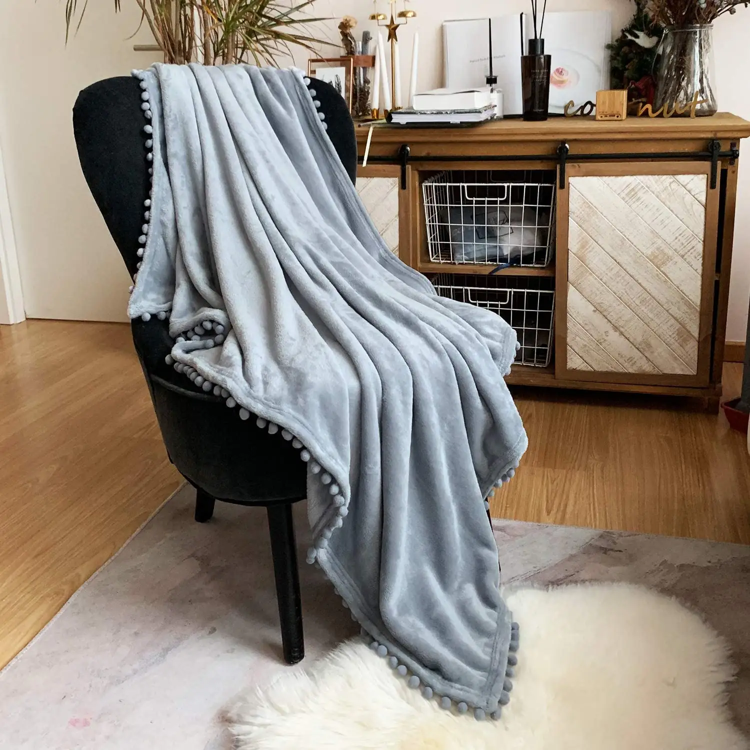 Manta de franela con flecos de pompón para sofá, cama cómoda y ligera, Original, de fábrica