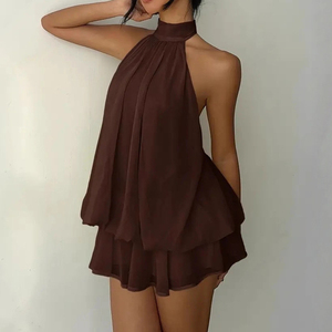 Robe Mini Fluide en Mousseline de Soie pour <span class=keywords><strong>Femme</strong></span>, Col Halter, Taille Basse, Volants, Idéale pour Invitée de Mariage et <span class=keywords><strong>Tenue</strong></span> de Brunch, Collection Été 2026 - Product Image 2