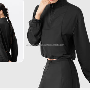 Top de yoga de manga larga con media cremallera para mujer, con dobladillo con cordón, forro polar fino, top deportivo cálido, ropa informal holgada para fitness - Product Image 2