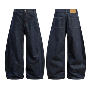 ヴィンテージワイド脚バギージーンズレトロルーズズボンデニムパンツネイビーカラーカスタムロゴ快適 - Product Image 2