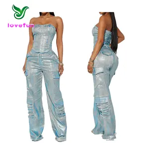 2024 New Design Denim Two Piece Pants Set Corset Tops+Multi Pocket Jeans Fashion Glossy Denim Women's Set