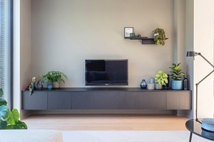<strong>Wall</strong> Hanging <strong>TV</strong> Cabinet with Floating Design and Hidden Handles Modern Living Room Storage Unit in Matte Gray Finish - Product Image 2