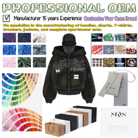Sudadera con capucha vintage OEM con cremallera para parejas, informal, holgada, oversize, para hombre, 100% algodón, con apliques bordados de pedrería