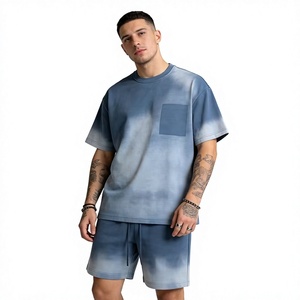 Men's Short Sleeve Tee and Shorts <b>Set</b> Heavyweight Cotton <b>Spray</b> Dye Vintage Wash Chest Pocket Loose Fit Casual Streetwear Summer - Product Image 1