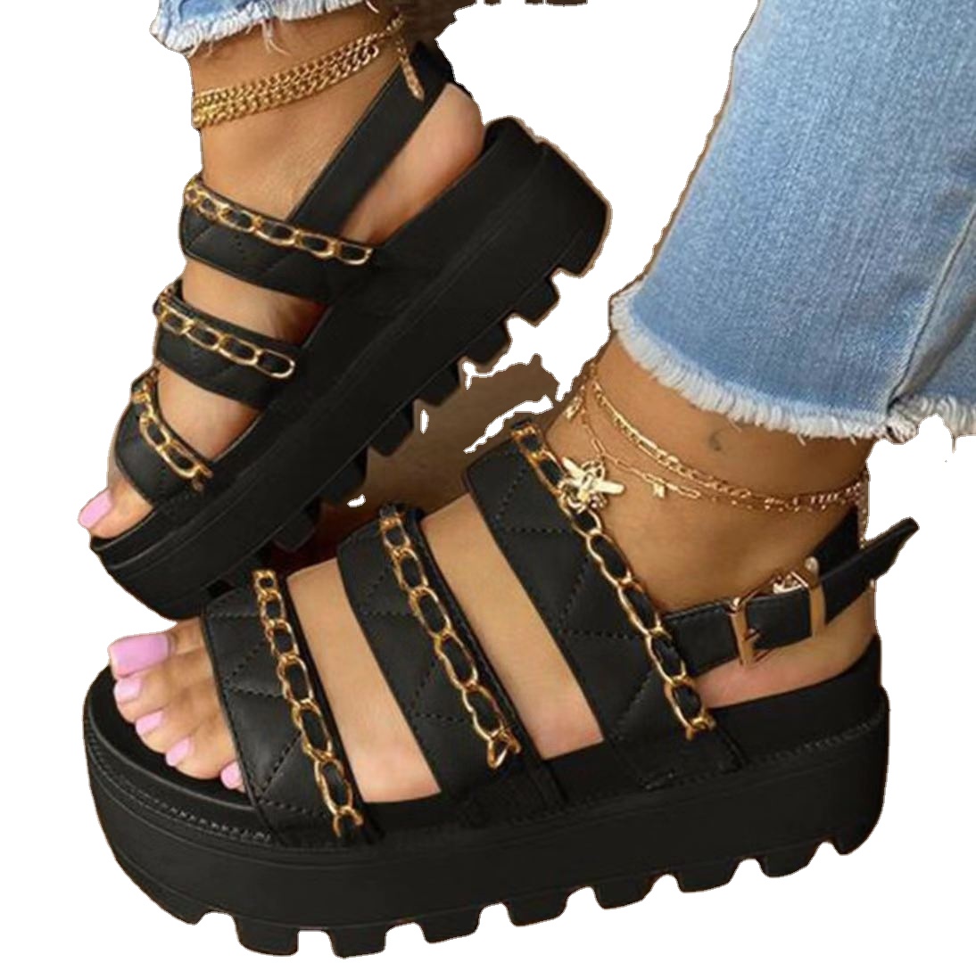Женские кожаные сандалии на платформе, повседневные пляжные сандалии с цепочкой и ремешком на щиколотке, на толстом каблуке, 2021