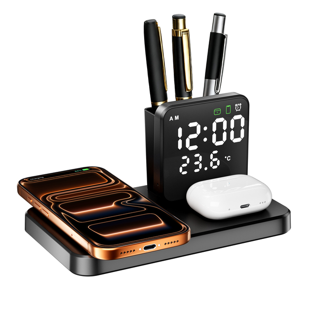 4 in 1 Magnetic Fast Charger Stand Holders Wireless Charging Station with Desk Alarm Clock for Samsung Wireless Charger