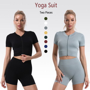 Nouveau sans couture Ropa Deportiva Gym vêtements tenues 2 pièces côtelé fermeture éclair Yoga Shorts à manches courtes haut court Yoga ensemble femmes - Product Image 1