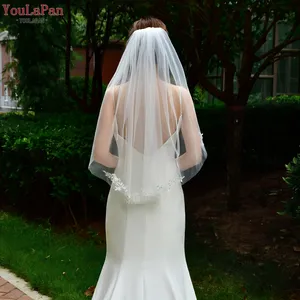 YouLaPan V104 dantel nakış kısa peçe beyaz fildişi saç tarak gelin peçe ile düğün duvağı tek katmanlı