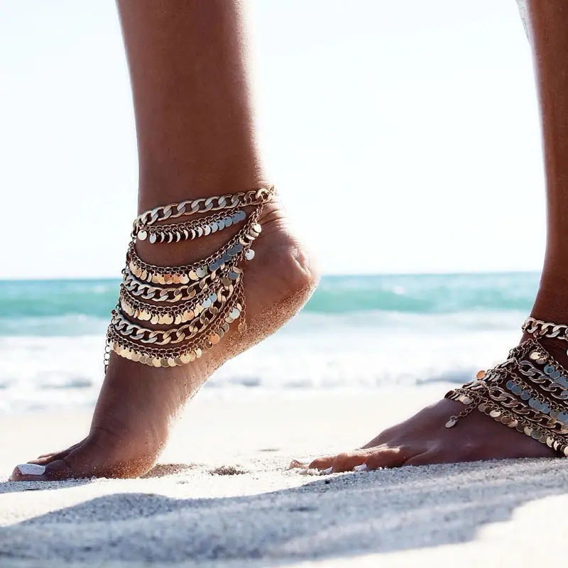 Tornozeleira decorativa retrô, multicamada de tornozeleira com borlas, correntes de praia pés descalços, sandálias com anéis de dedo