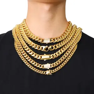 New Trending Locks Catch Customizable 14K 18K Diamond Hip Hop Jewelry Cuban Link Chain Gold Plated Stainless Steel Necklace