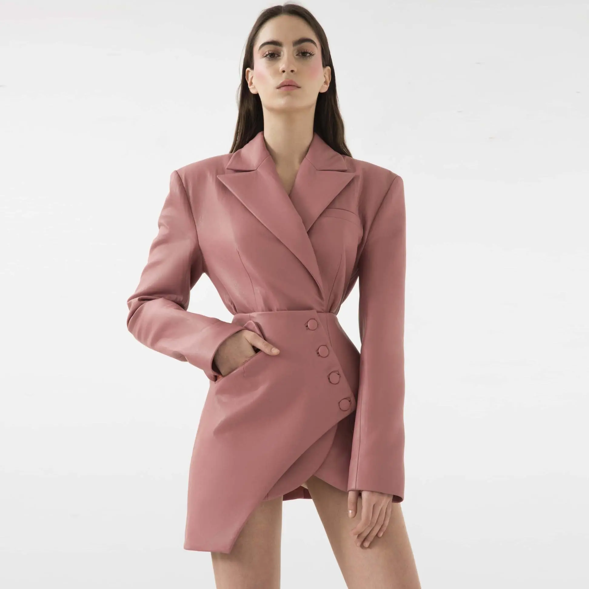 High Quality Pink PU Leather Mini Dresses Long Sleeve Stylish 2021 New Arrival Leather Dress
