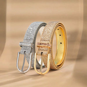 Cinturón de cuero PU de imitación dorado para mujer de estilo Vintage con hebilla de aleación decorativa coreana brillante accesorio versátil - Product Image 3